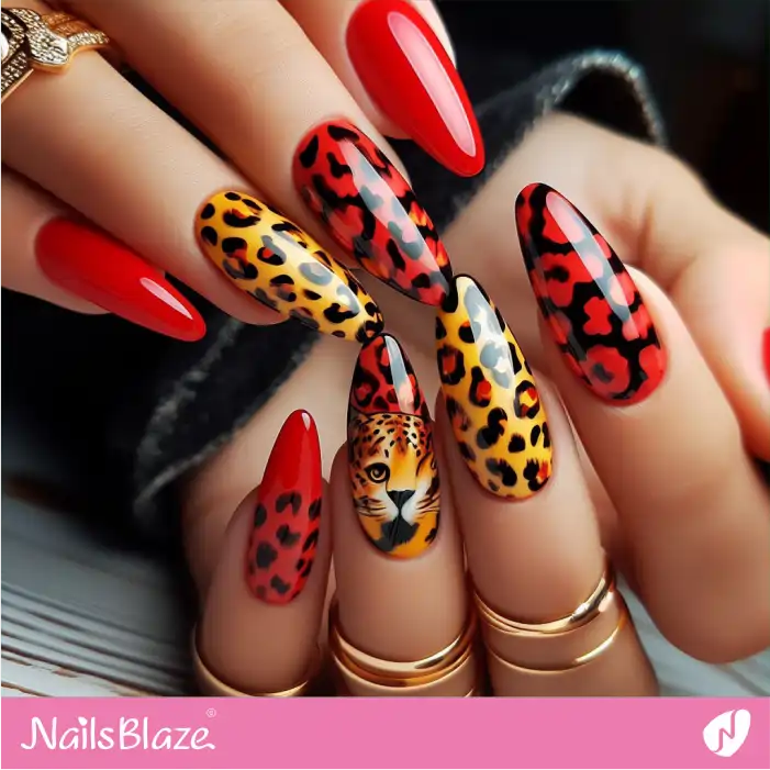 Red and Yellow Nails with Black Leopard Spots | Animal Print Nails - NB2584